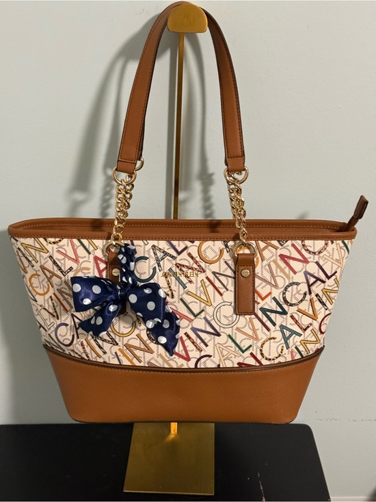 Calvin Klein Handbags - Calvin Klein Multicolor Logo-Print Structured Tote with Tan Trim and gold tones!